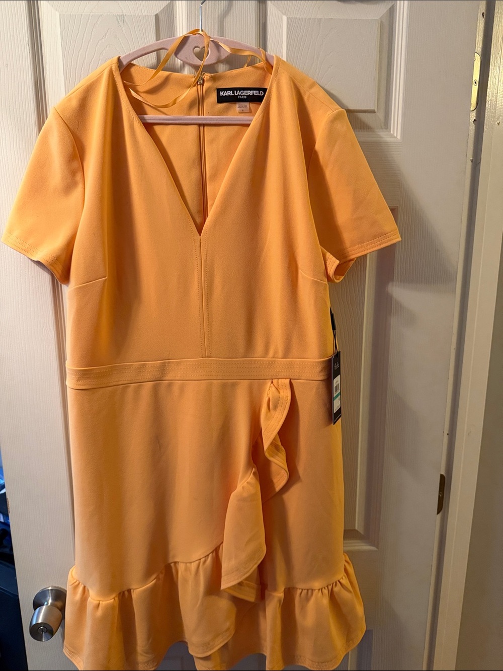 Karl Lagerfeld Peach Short Sleeve V-Neck Ruffle Mini Dress